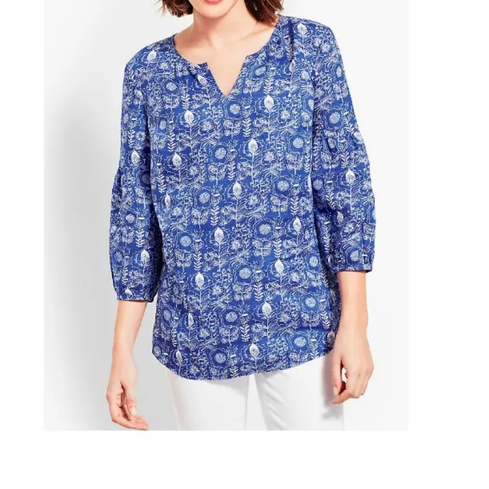 Talbots Linen Lantern-Sleeve Popover Floral Blouse